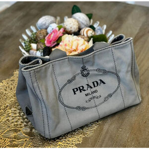 Authentic Prada Gray Canapa Canvas Tote Handbag